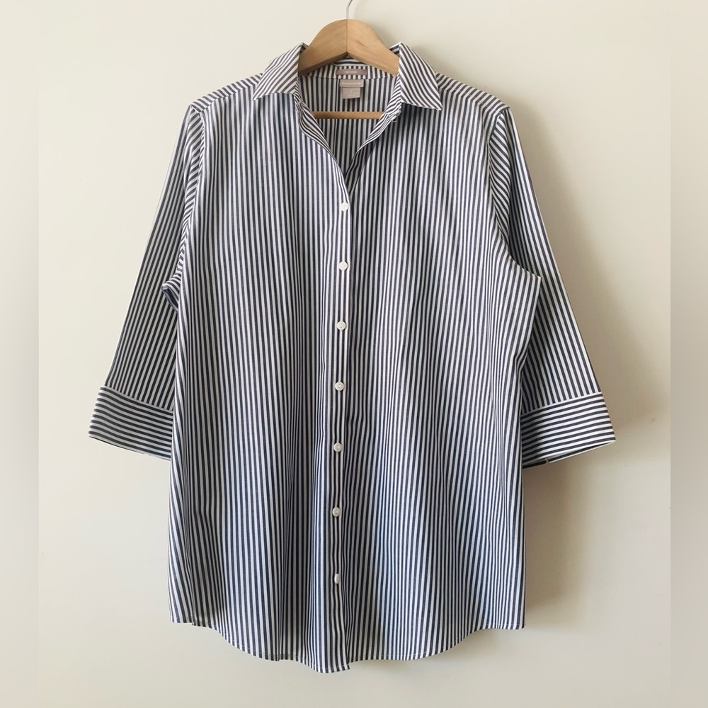 Chico’s No Iron Striped Cotton Button Down Shirt Women Sz 3 Navy White Office